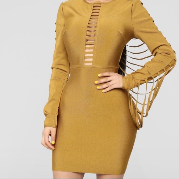 FASHION NOVA Gold Bandage Mini Dress (Mustard) - Picture 1 of 1